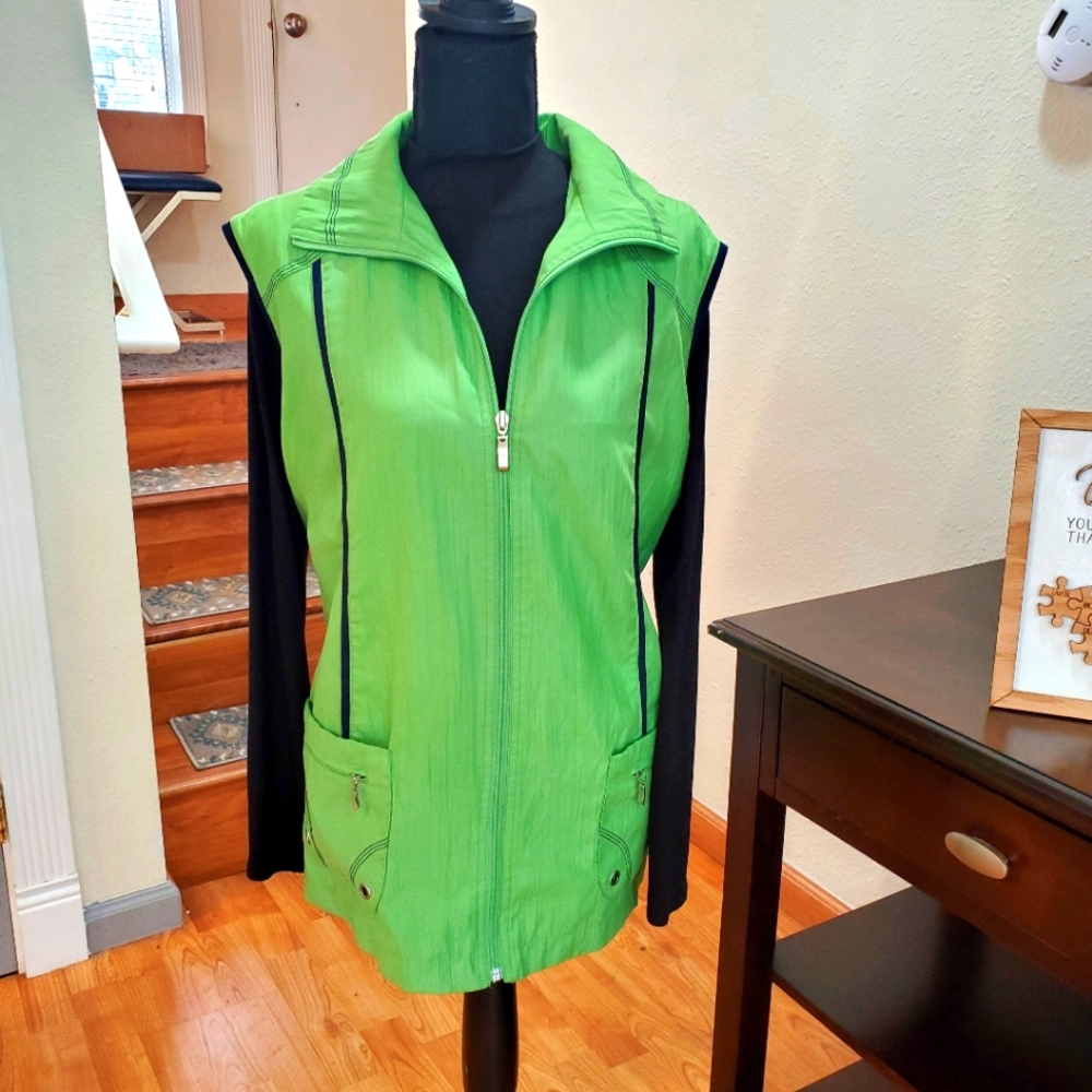 Allison Daley Women Vibrant Green Blue Trim Full Zip Front Sleeveless Vest
